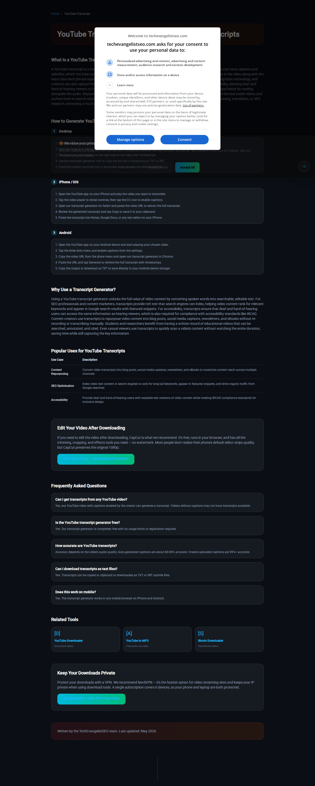 TechEvangelistSEO YouTube Transcript Generator tool screenshot