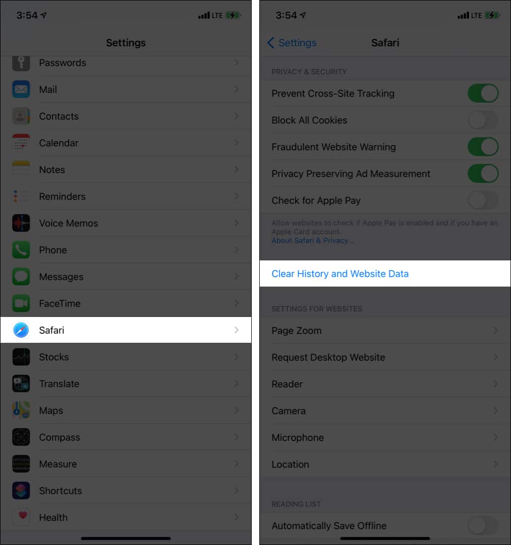 Clear Safari history and data on iPhone