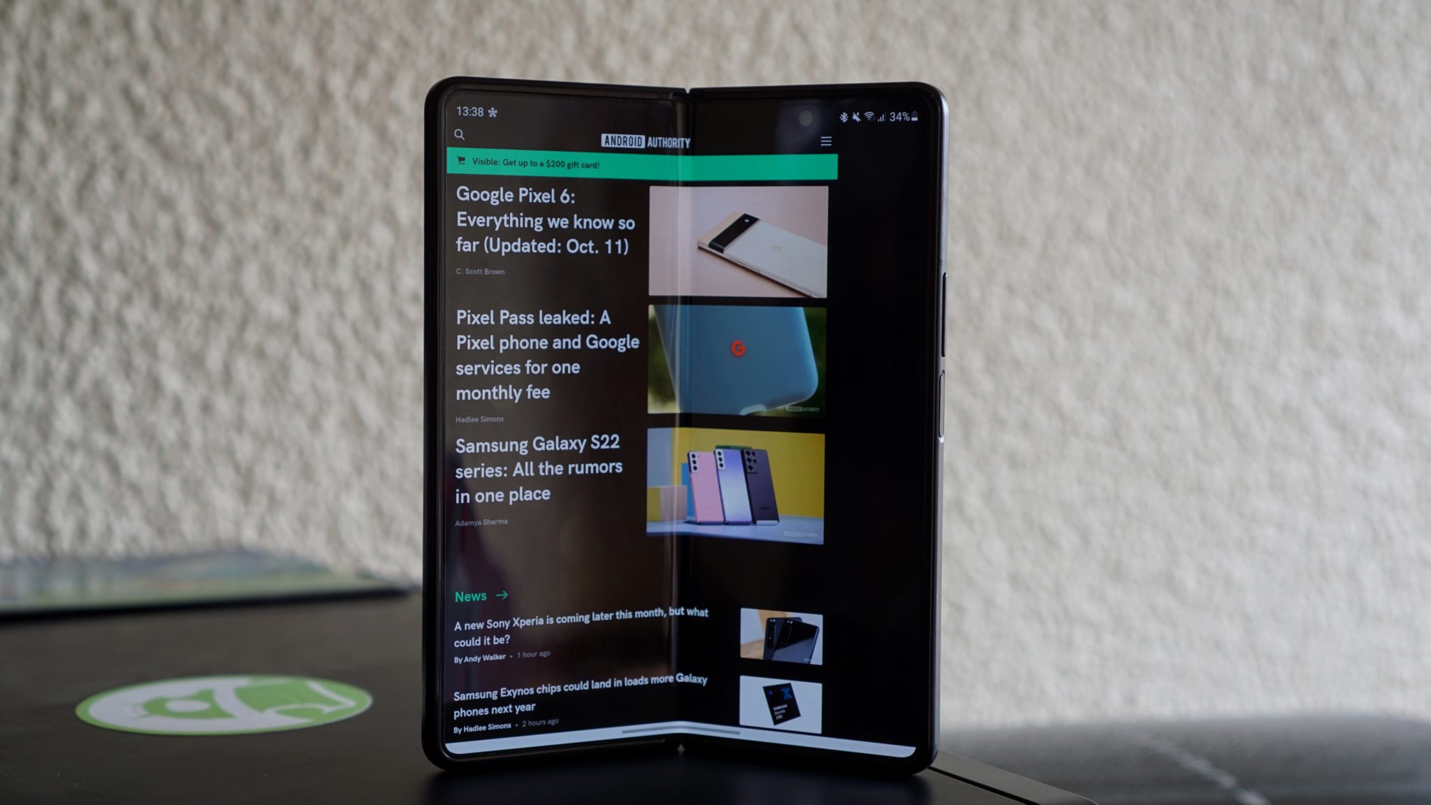 The Galaxy Z Fold 3 standing upright.