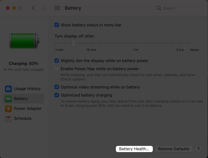 Select Battery Health at the bottom on Mac