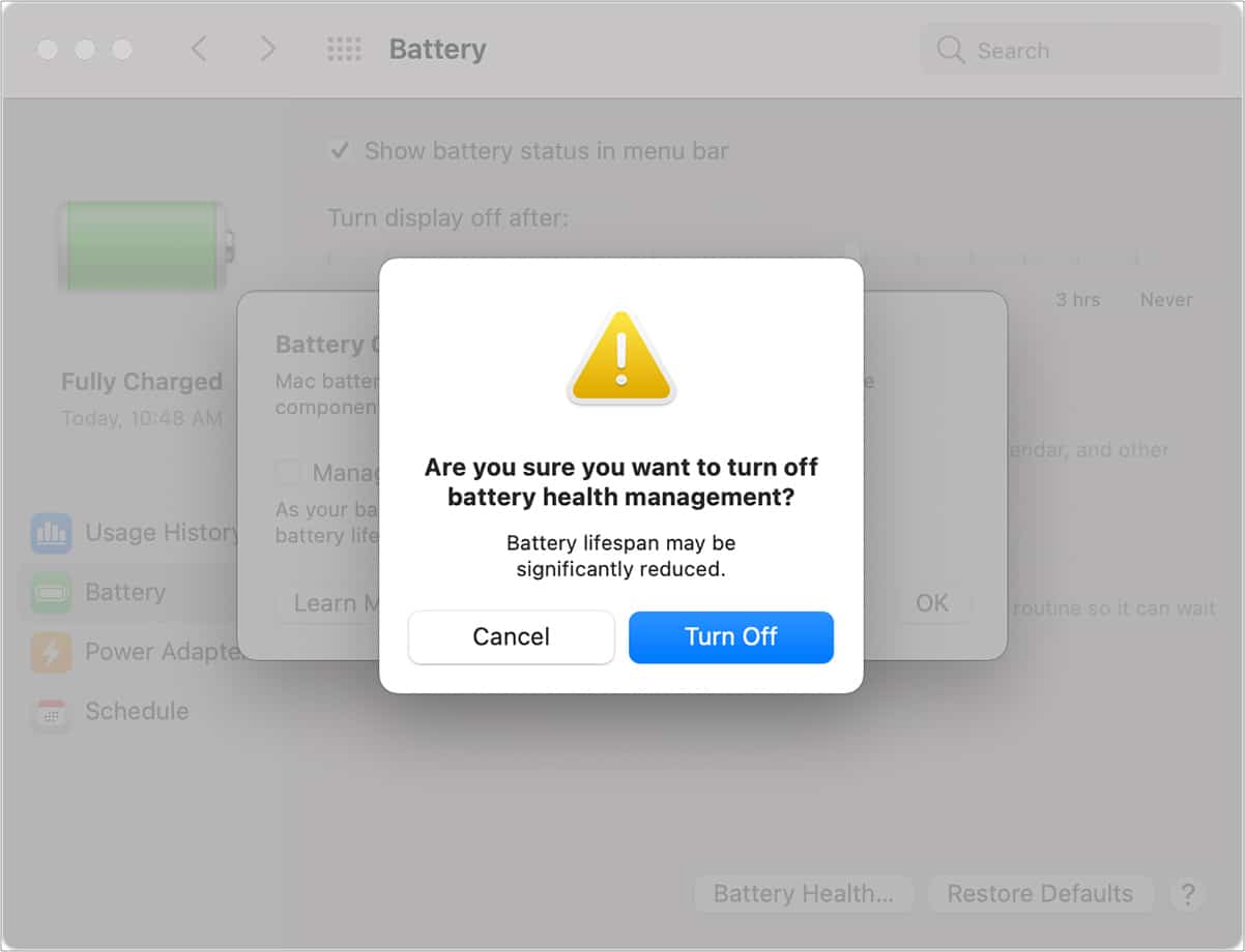 Turn off battery health management on MacBook - Step 2